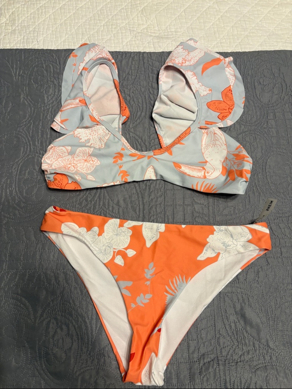 SHEIN Orange and Light Gray Floral Bikini Set